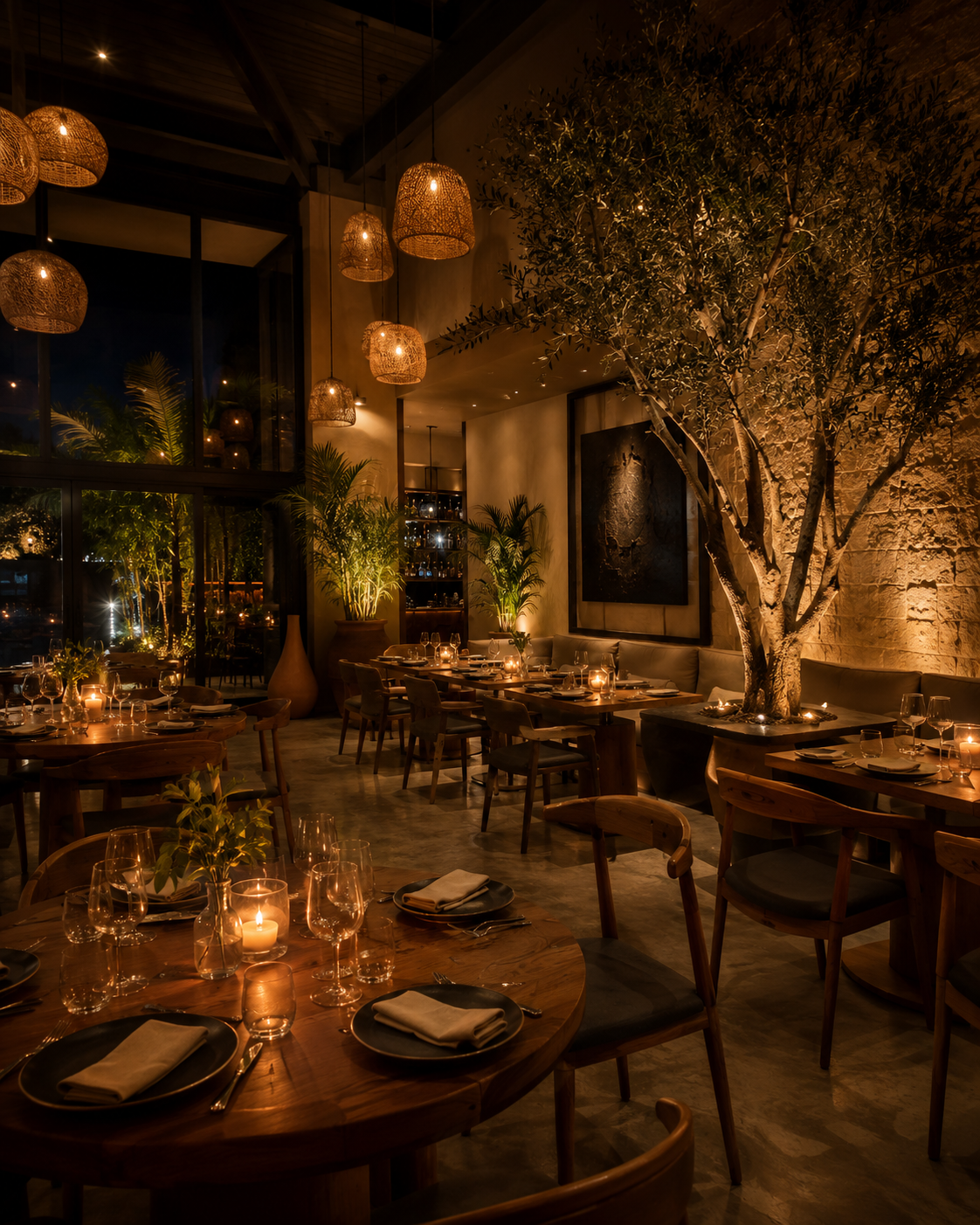 Interior principal de El Divino Bocado con luz calida y atmosfera nocturna